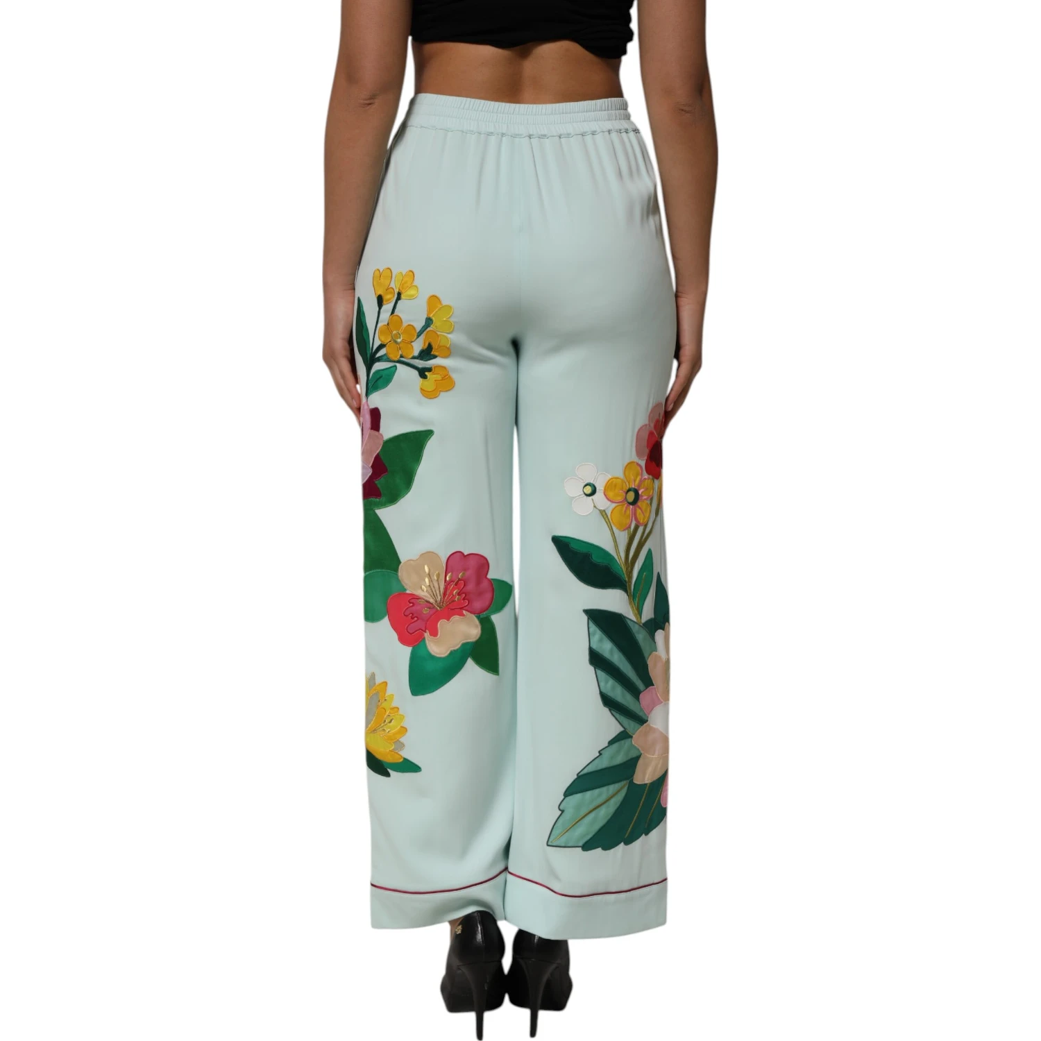 Green Floral Garterized Straight Pajama Pants