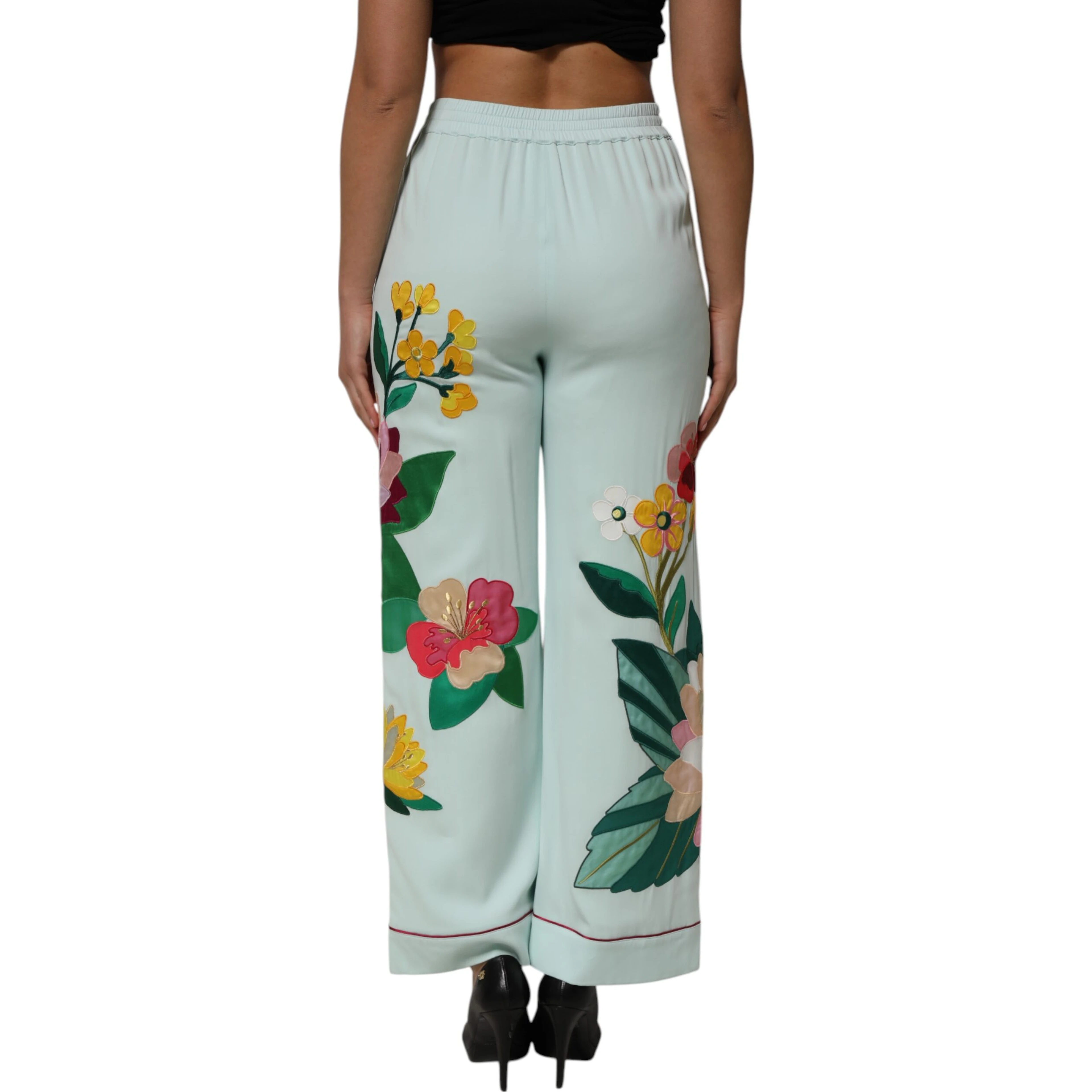 Green Floral Garterized Straight Pajama Pants