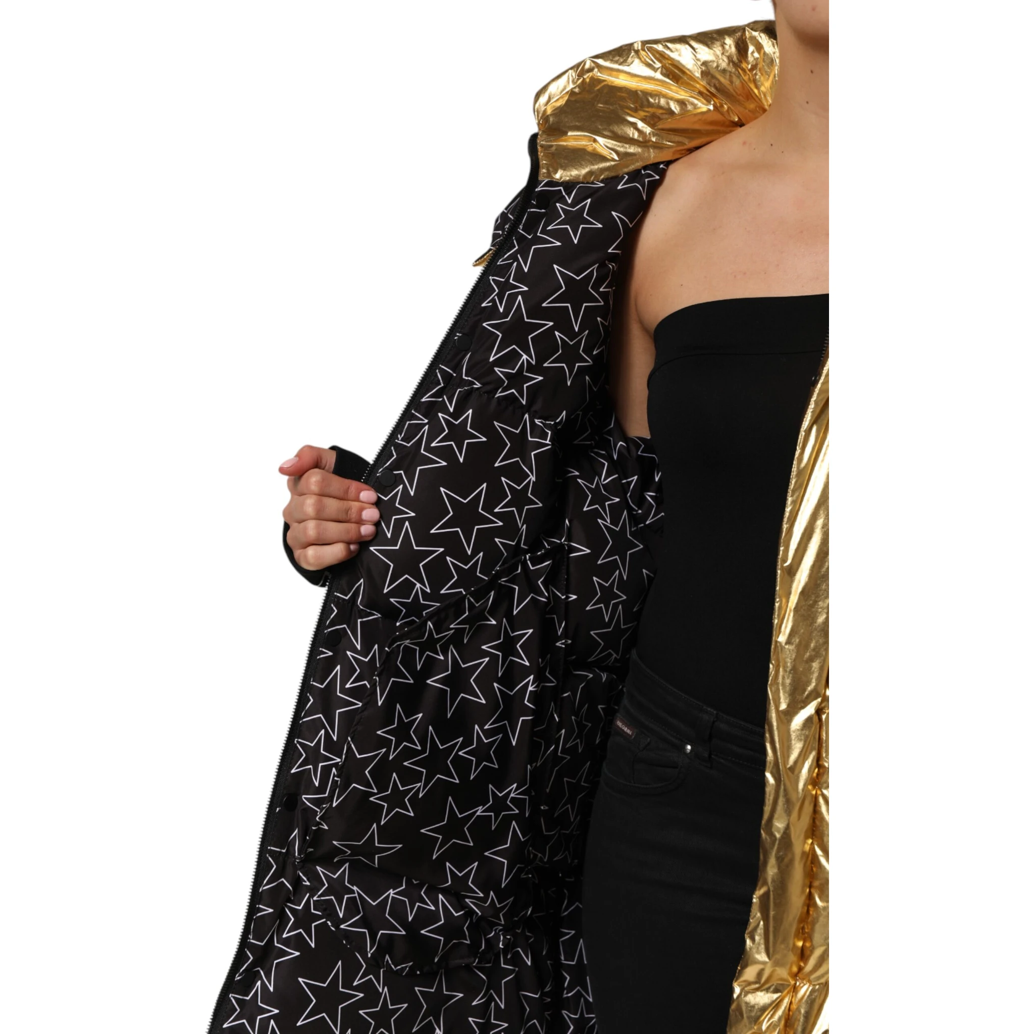 Gold Hooded Puffer Quilted Full Zip Jacket