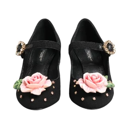Black Flower Crystal Embellished Mary Jane Shoes