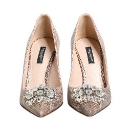 Beige Leather Crystal Embellished Pumps Shoes