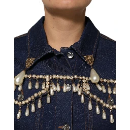 Blue Cotton Denim Crystal Embellished Jacket