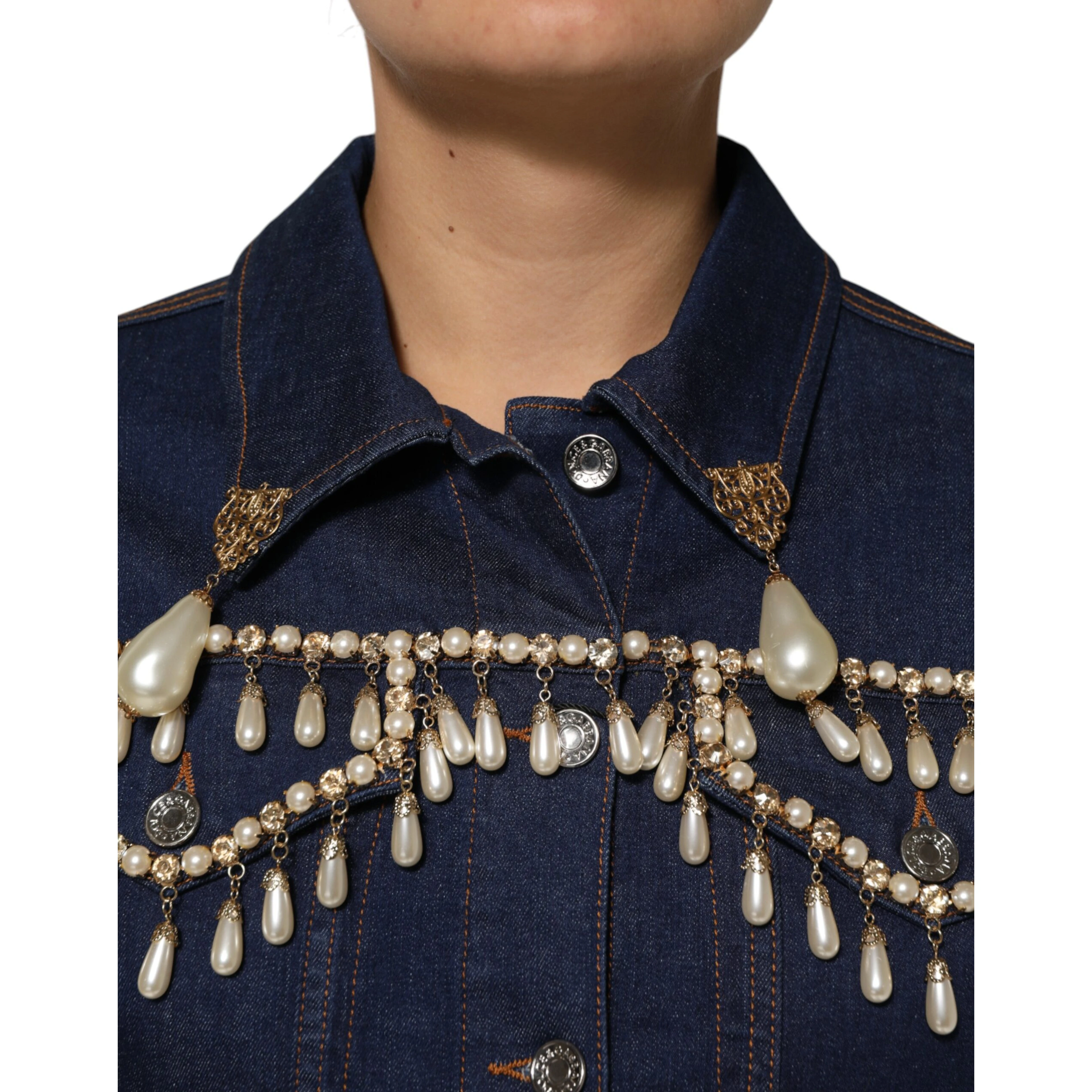 Blue Cotton Denim Crystal Embellished Jacket