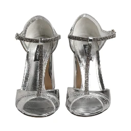 Silver Leather T-strap Heels Sandals Shoes