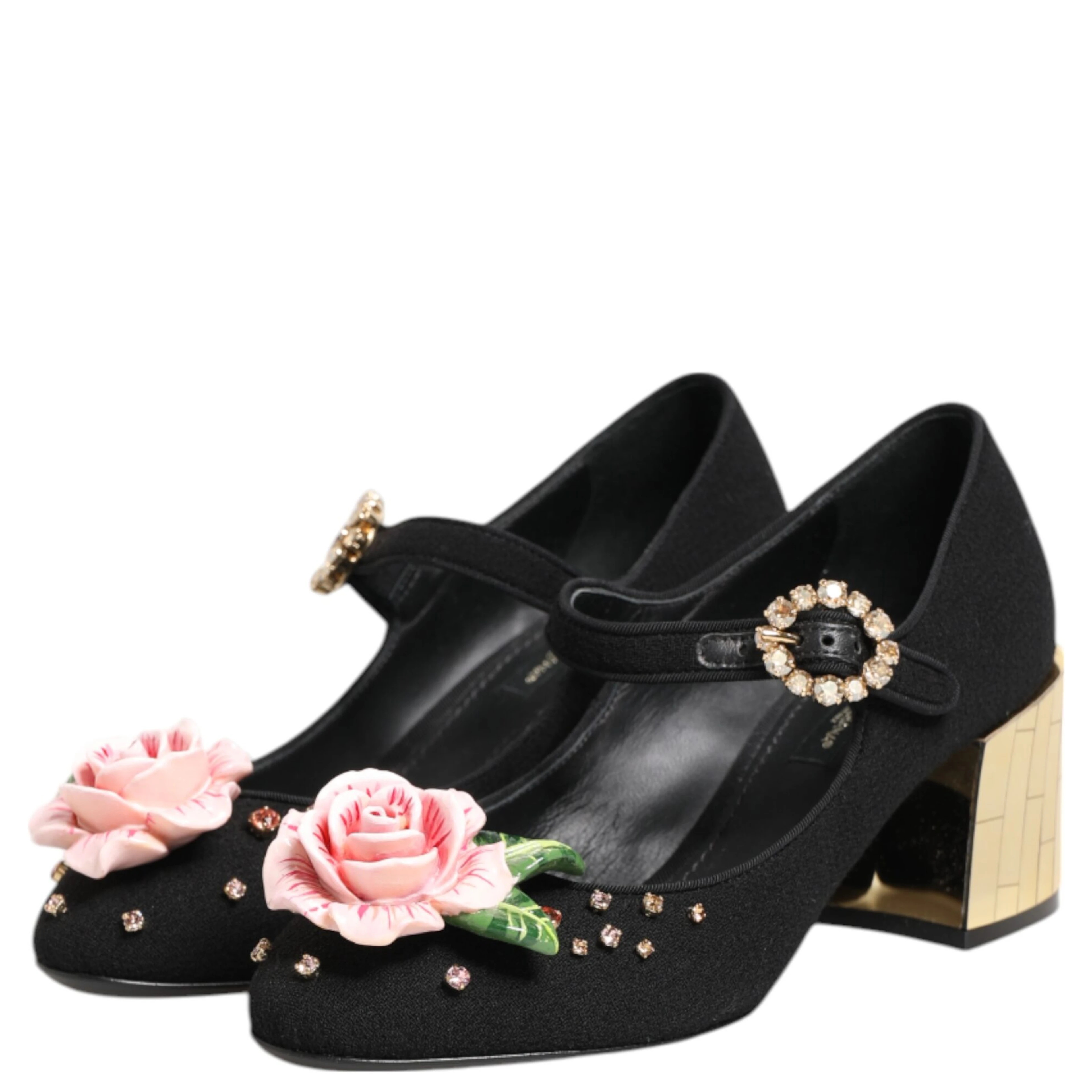 Black Flower Crystal Embellished Mary Jane Shoes