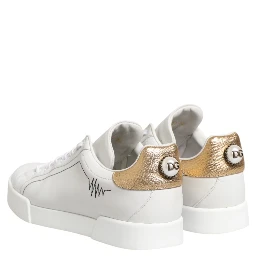 White Gold Leather Low Top Sneakers Shoes