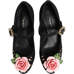Black Flower Crystal Embellished Mary Jane Shoes