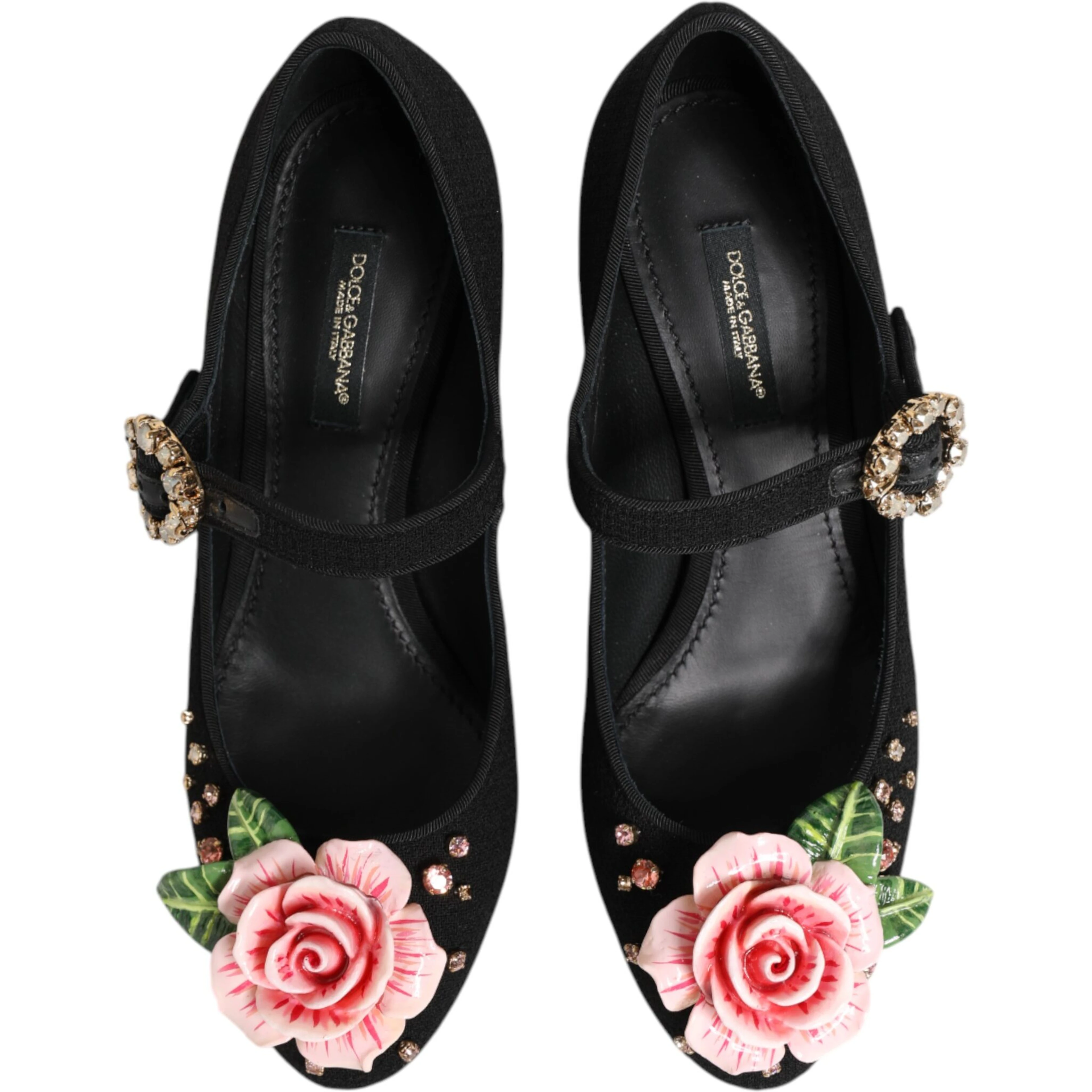 Black Flower Crystal Embellished Mary Jane Shoes