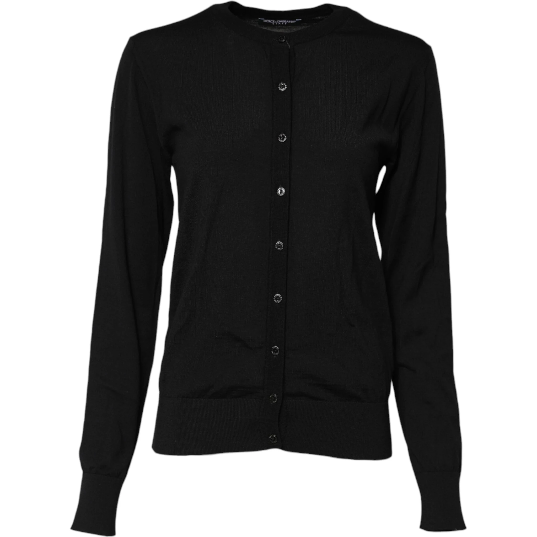 Black Wool Knit Round Neck Cardigan Sweater