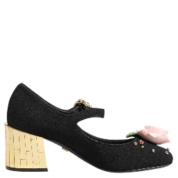 Black Flower Crystal Embellished Mary Jane Shoes