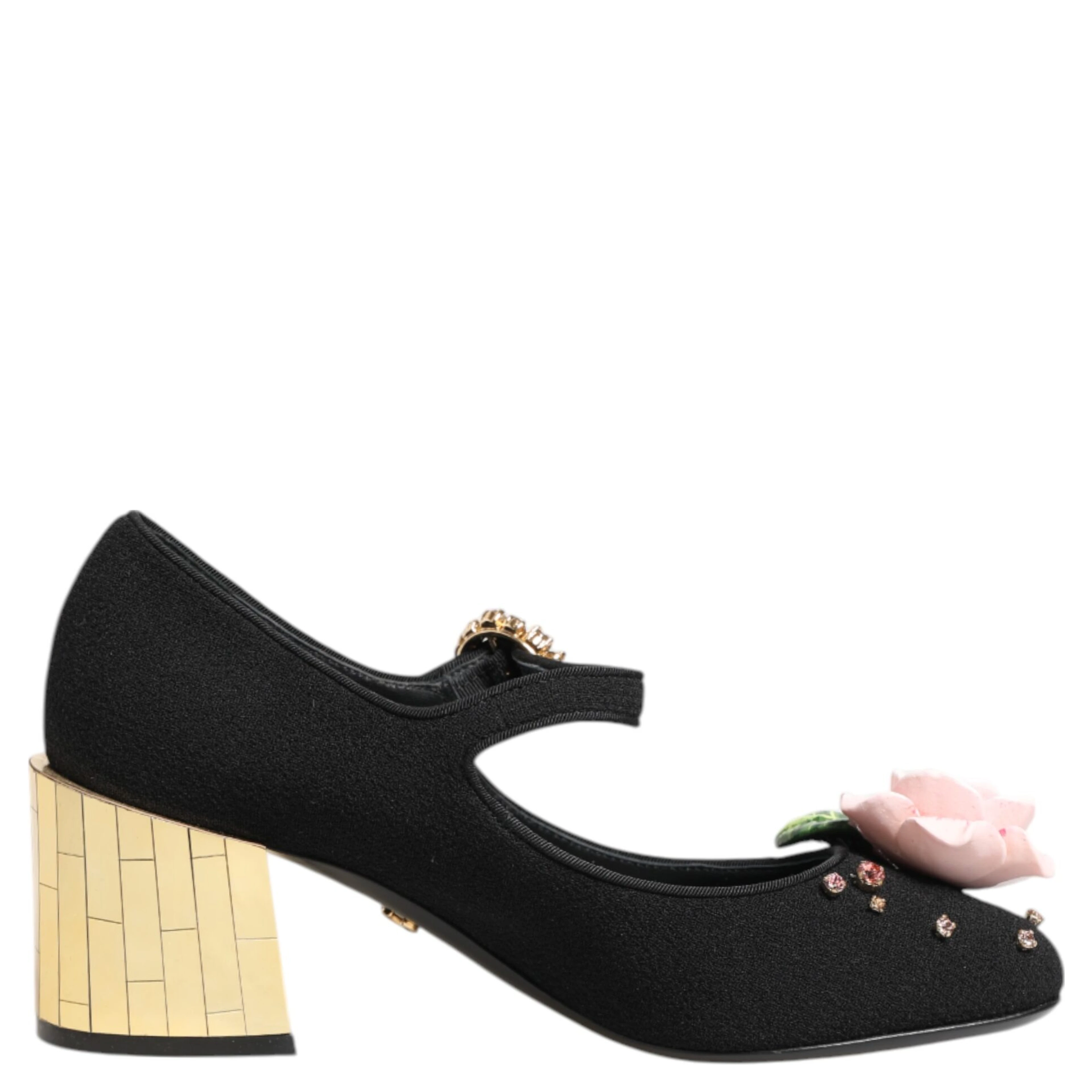 Black Flower Crystal Embellished Mary Jane Shoes