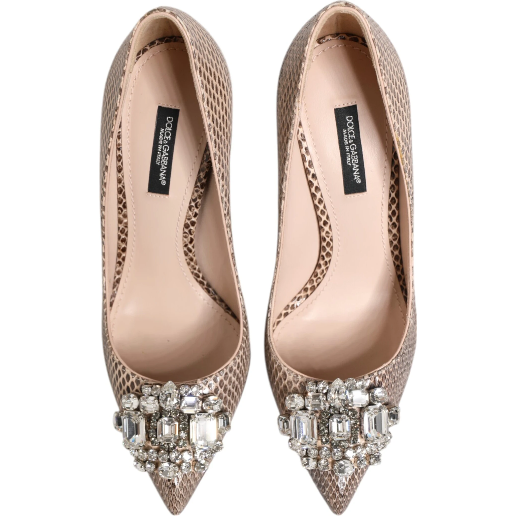 Beige Leather Crystal Embellished Pumps Shoes