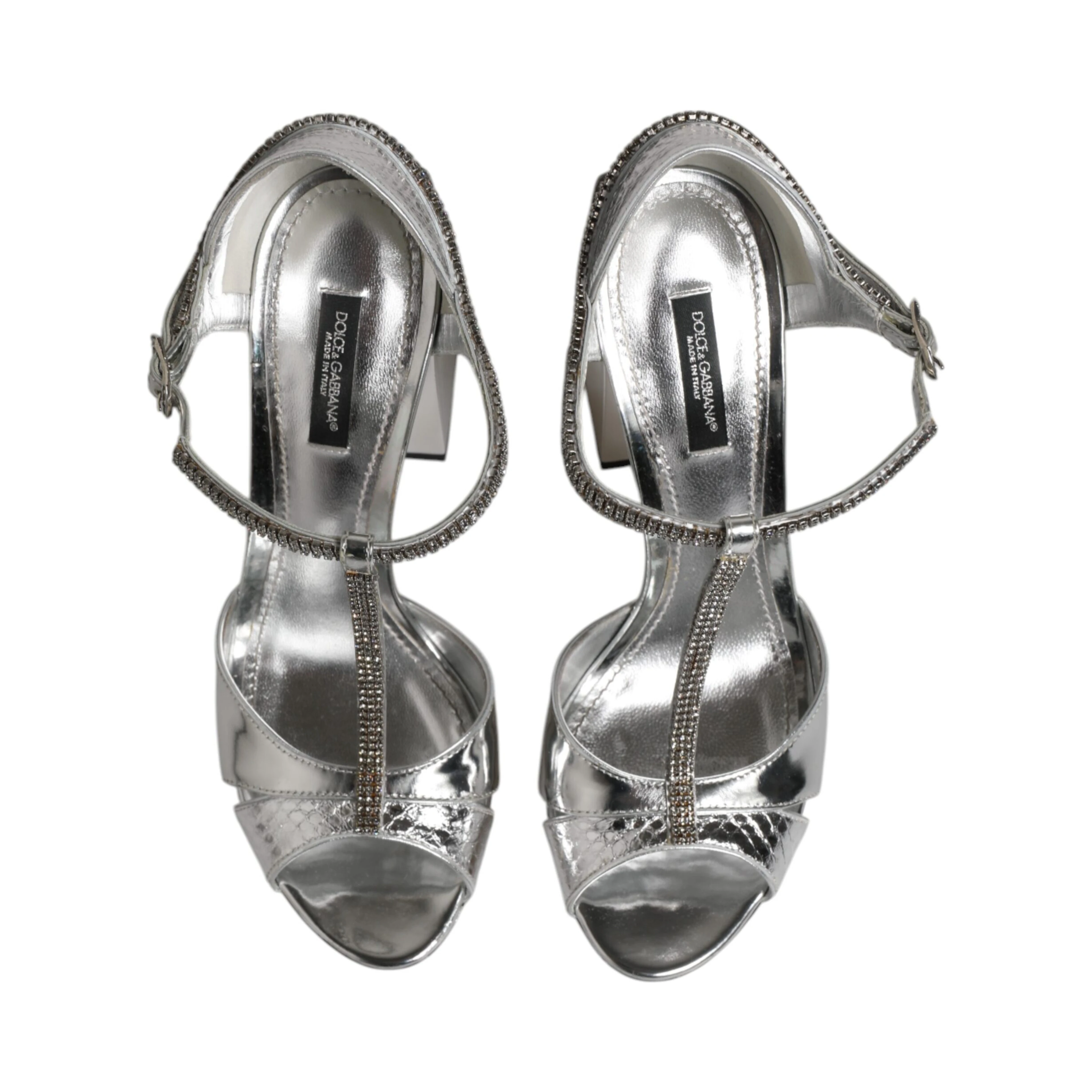 Silver Leather T-strap Heels Sandals Shoes