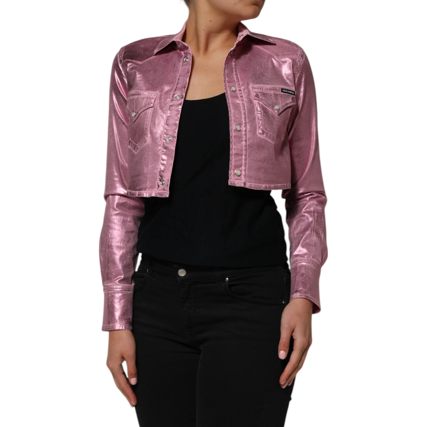 Pink Cotton Stretch Collared Cropped Jacket