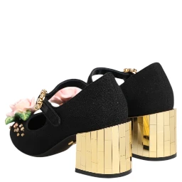 Black Flower Crystal Embellished Mary Jane Shoes