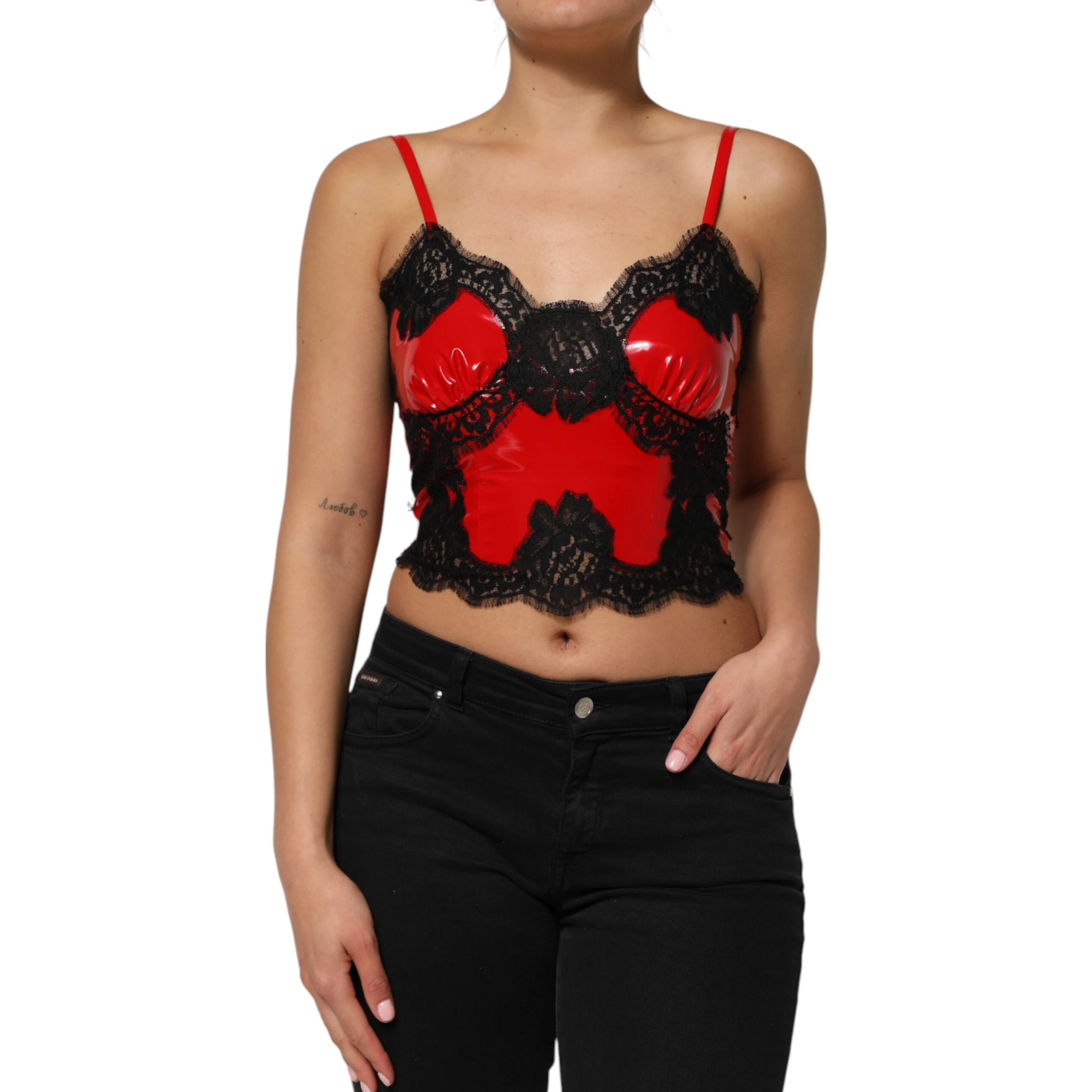 Red Black Lace Trim Polyester Sleeveless Tank Top