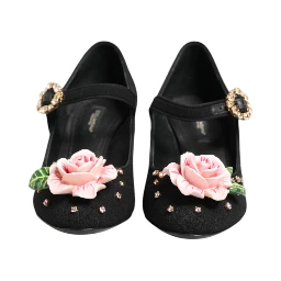 Black Flower Crystal Embellished Mary Jane Shoes