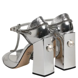 Silver Leather T-strap Heels Sandals Shoes