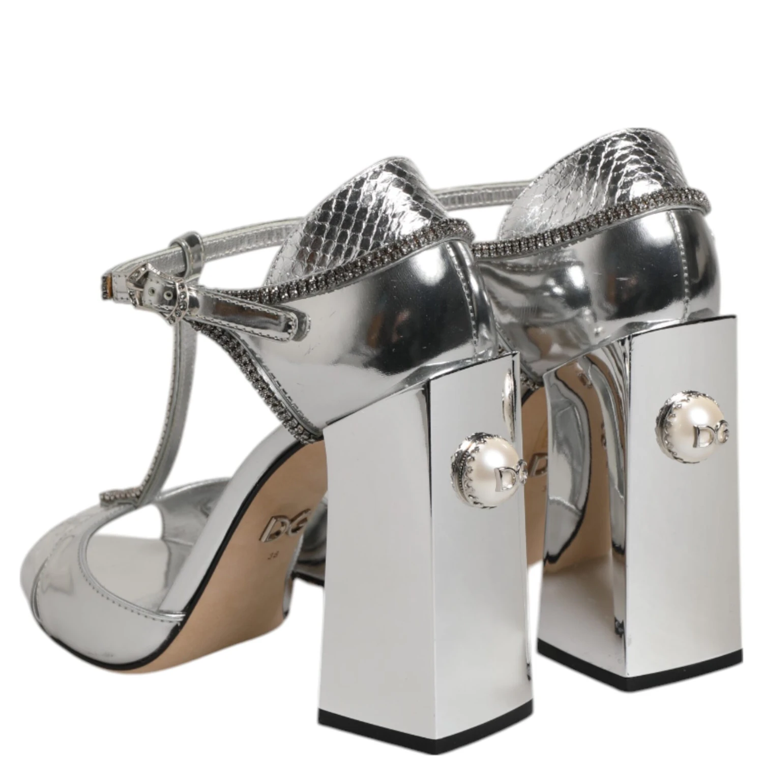 Silver Leather T-strap Heels Sandals Shoes