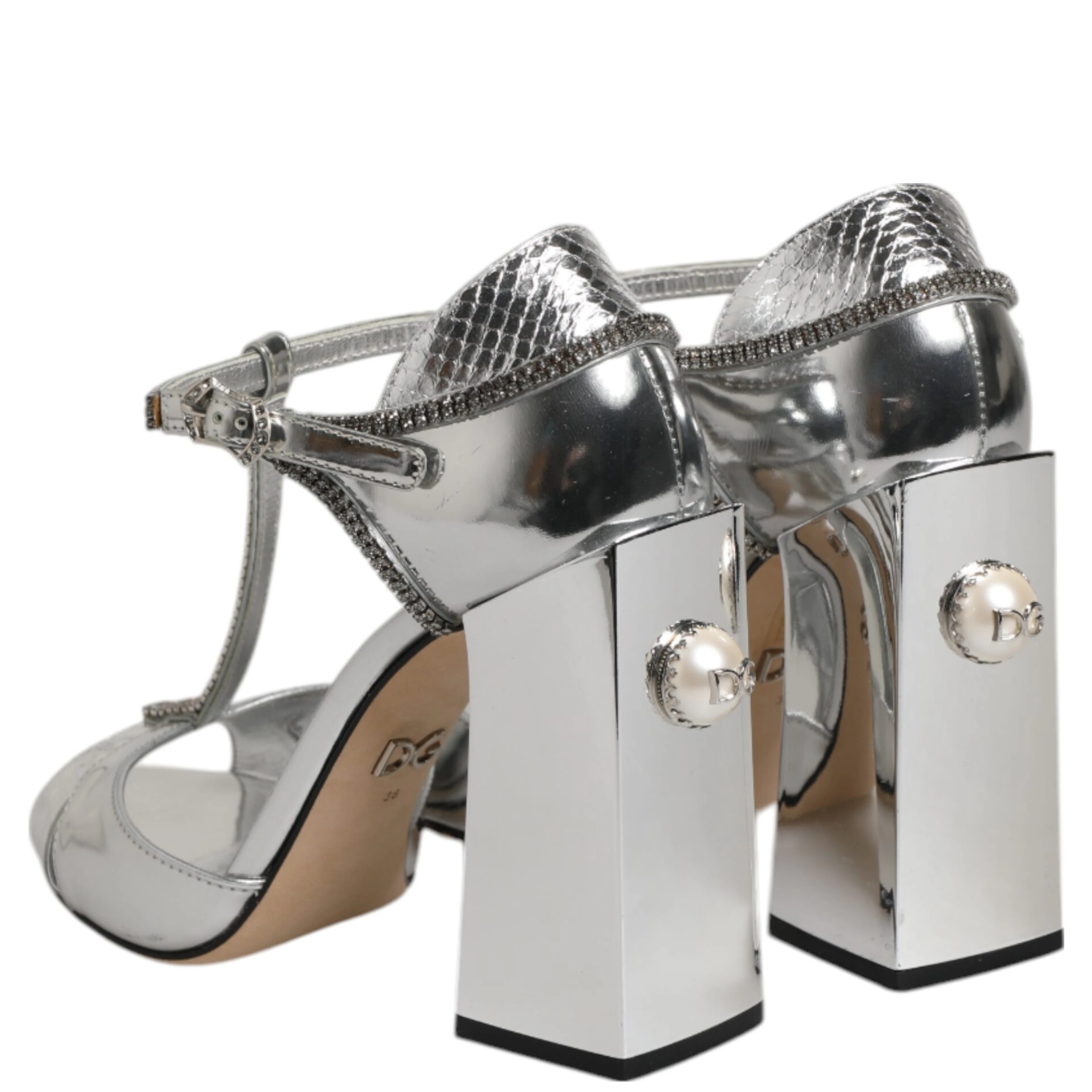 Silver Leather T-strap Heels Sandals Shoes