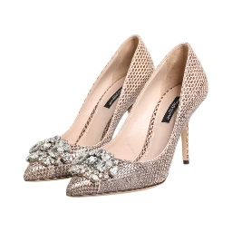 Beige Leather Crystal Embellished Pumps Shoes