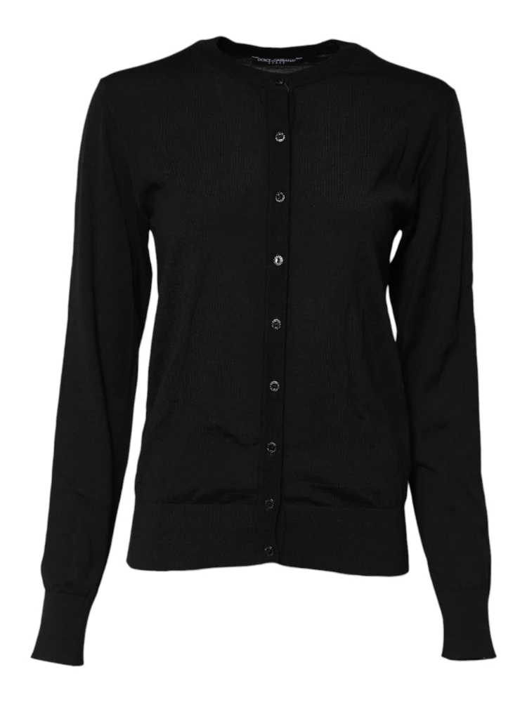 Black Wool Knit Round Neck Cardigan Sweater alternative