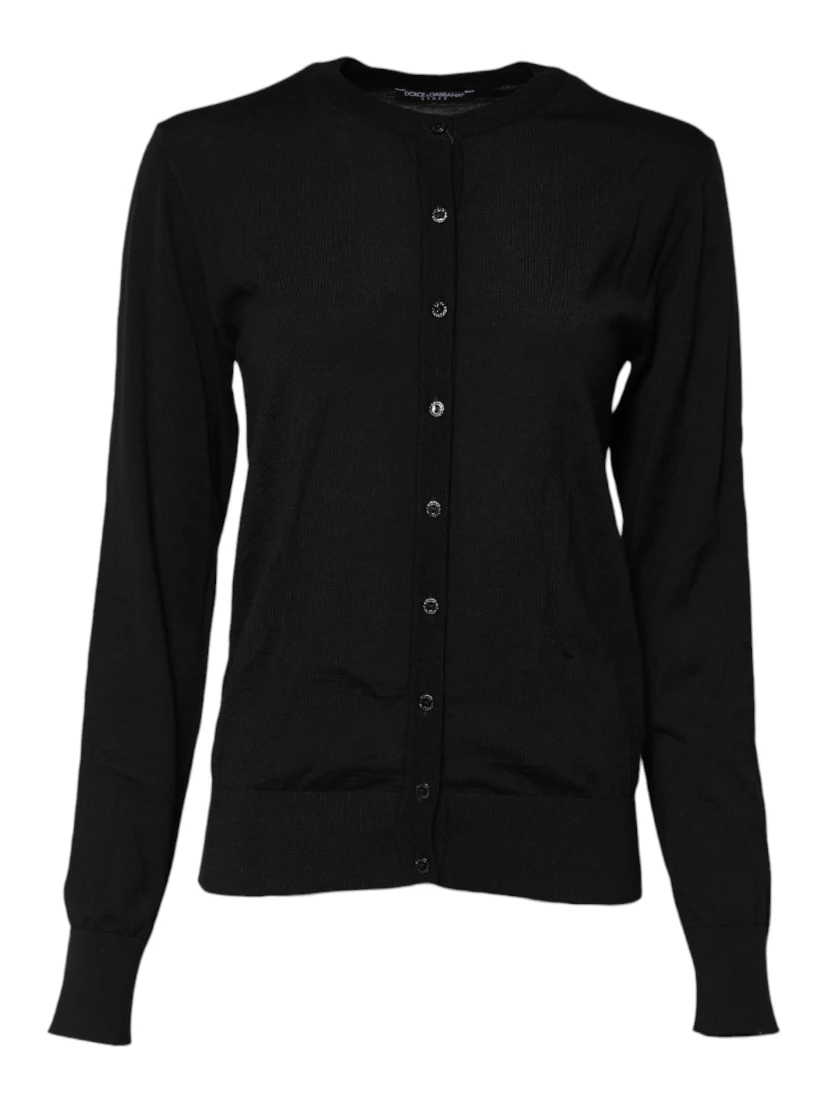 Black Wool Knit Round Neck Cardigan Sweater