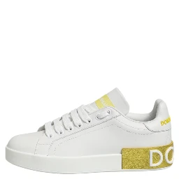 White Yellow Leather Low Top Sneakers Shoes