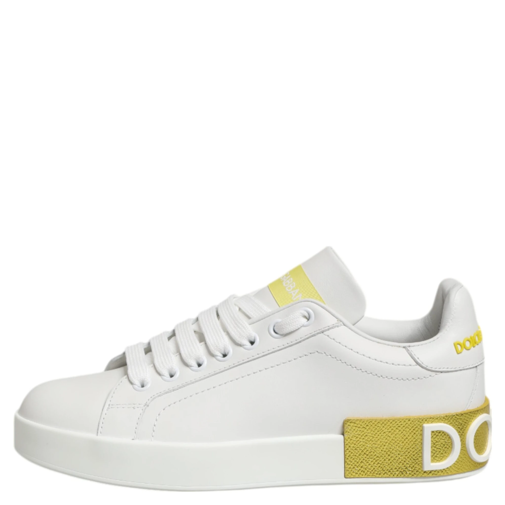 White Yellow Leather Low Top Sneakers Shoes