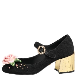 Black Flower Crystal Embellished Mary Jane Shoes