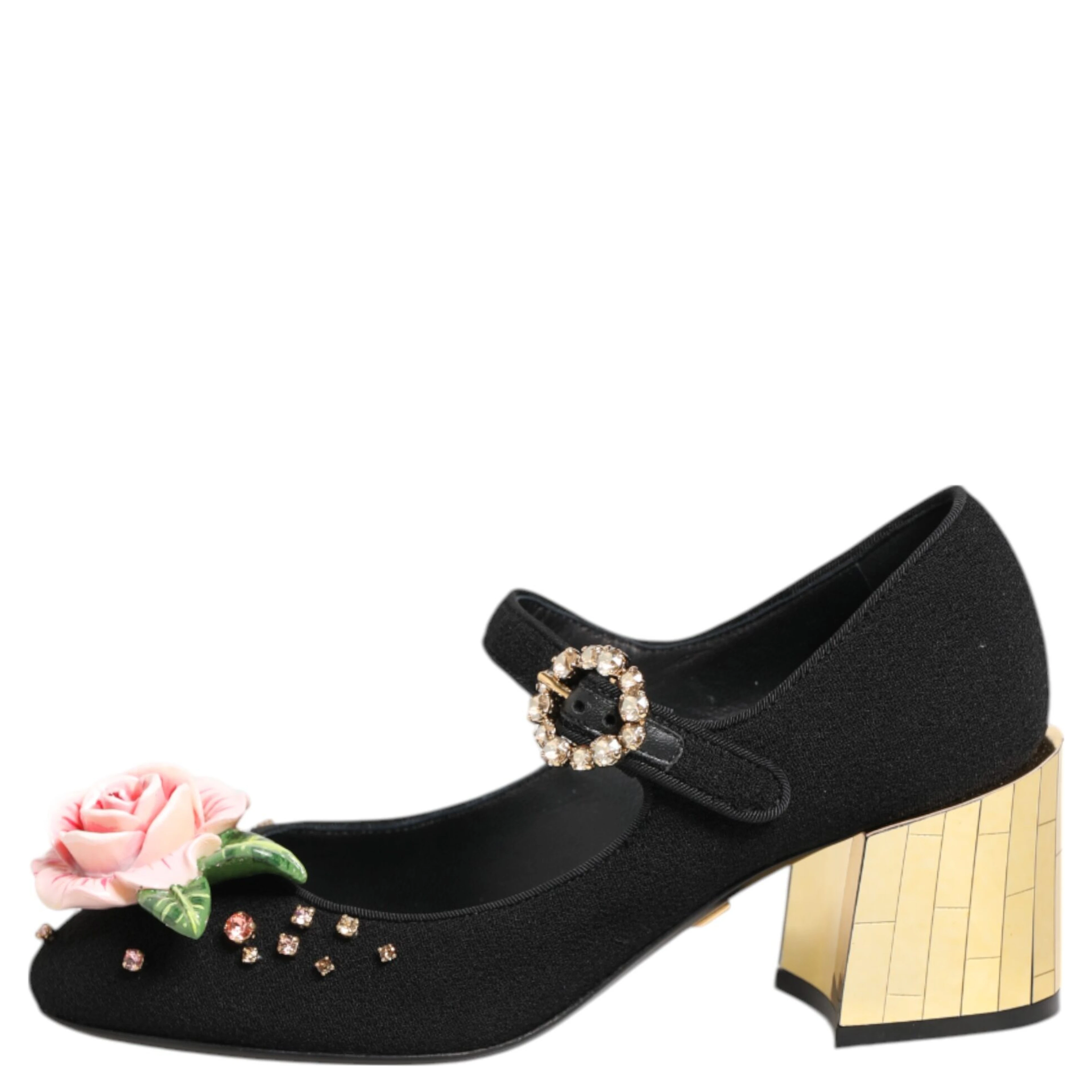 Black Flower Crystal Embellished Mary Jane Shoes