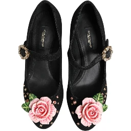 Black Flower Crystal Embellished Mary Jane Shoes