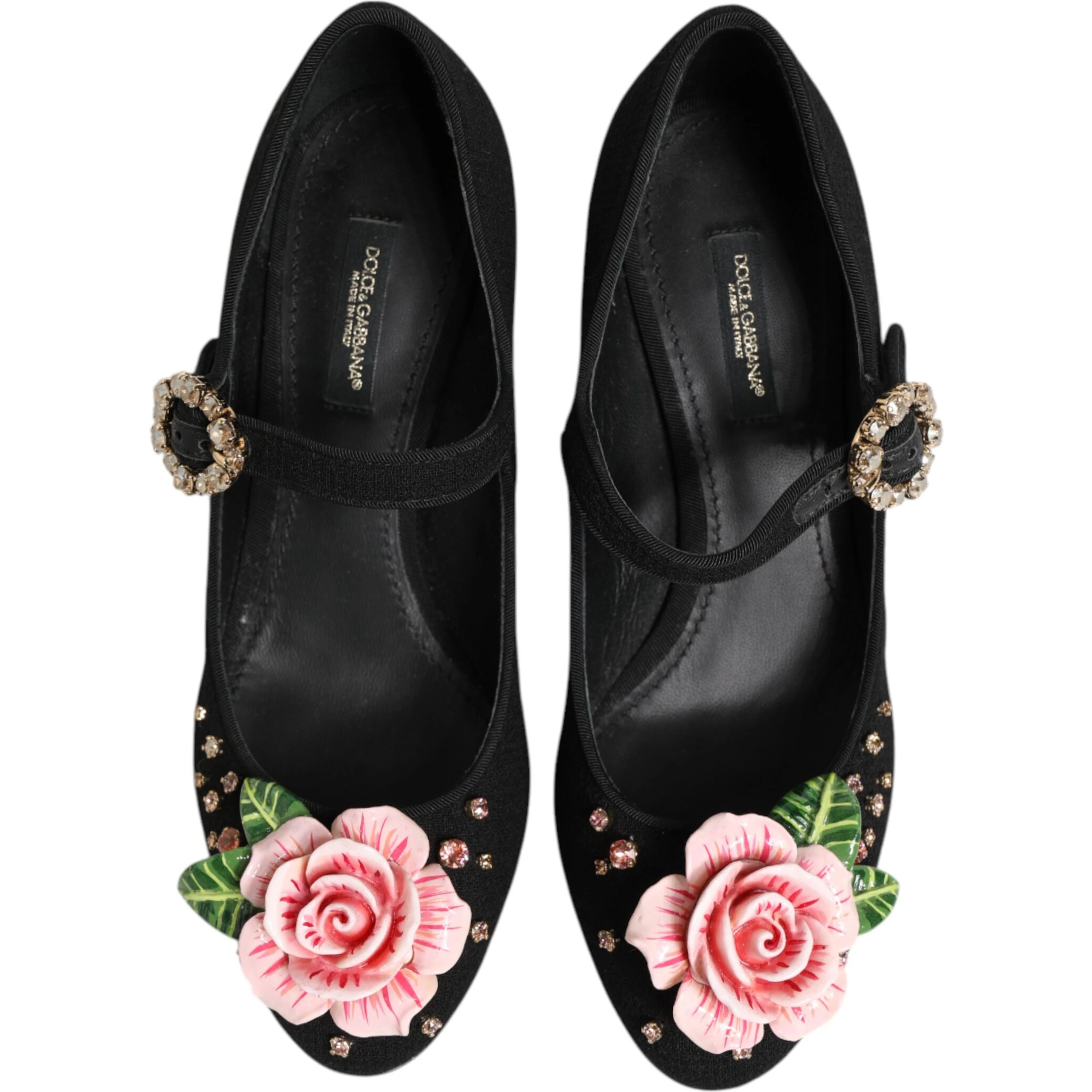 Black Flower Crystal Embellished Mary Jane Shoes