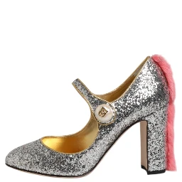 Silver Glitter Mink Fur VALLY Pumps Shoes