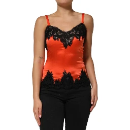 Red Black Lace Trim Silk Sleeveless Tank Top