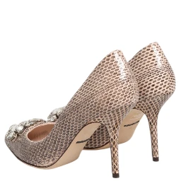 Beige Leather Crystal Embellished Pumps Shoes