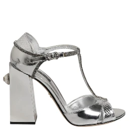 Silver Leather T-strap Heels Sandals Shoes