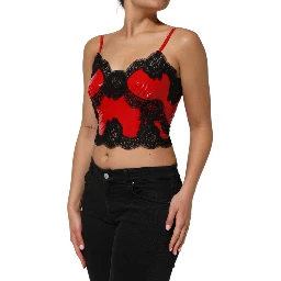 Red Black Lace Trim Polyester Sleeveless Tank Top