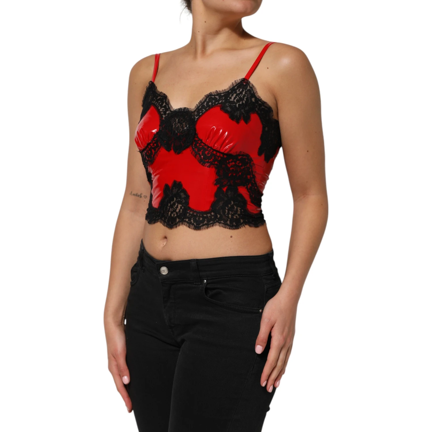 Red Black Lace Trim Polyester Sleeveless Tank Top