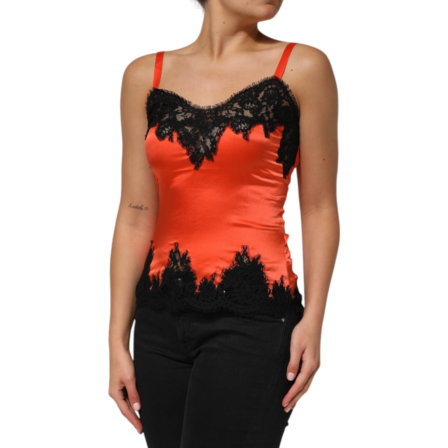 Red Black Lace Trim Silk Sleeveless Tank Top