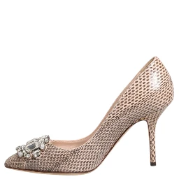 Beige Leather Crystal Embellished Pumps Shoes