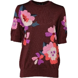 Maroon Floral Silk Crew Neck Blouse Top