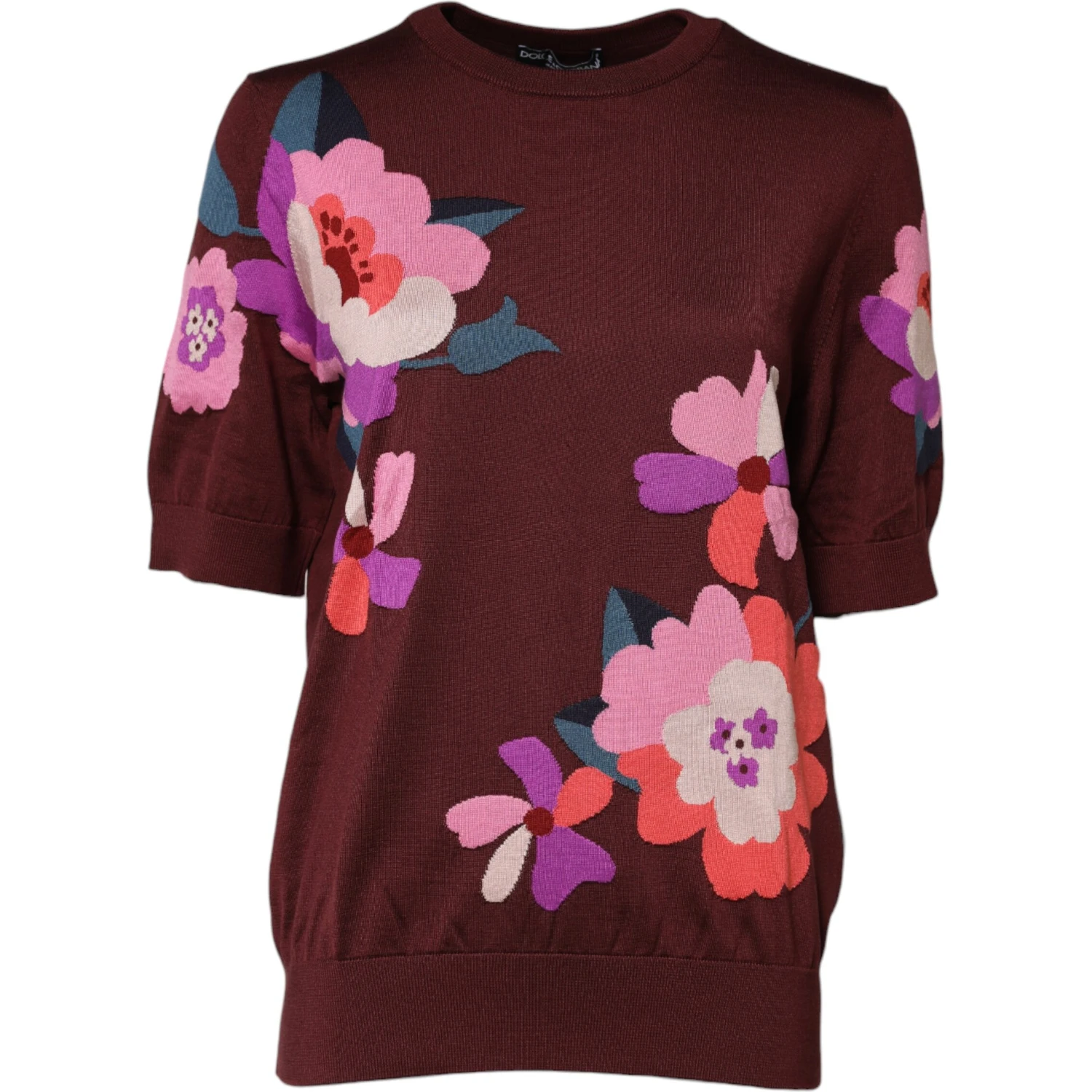 Maroon Floral Silk Crew Neck Blouse Top