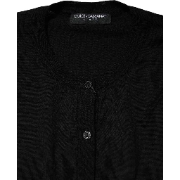 Black Wool Knit Round Neck Cardigan Sweater