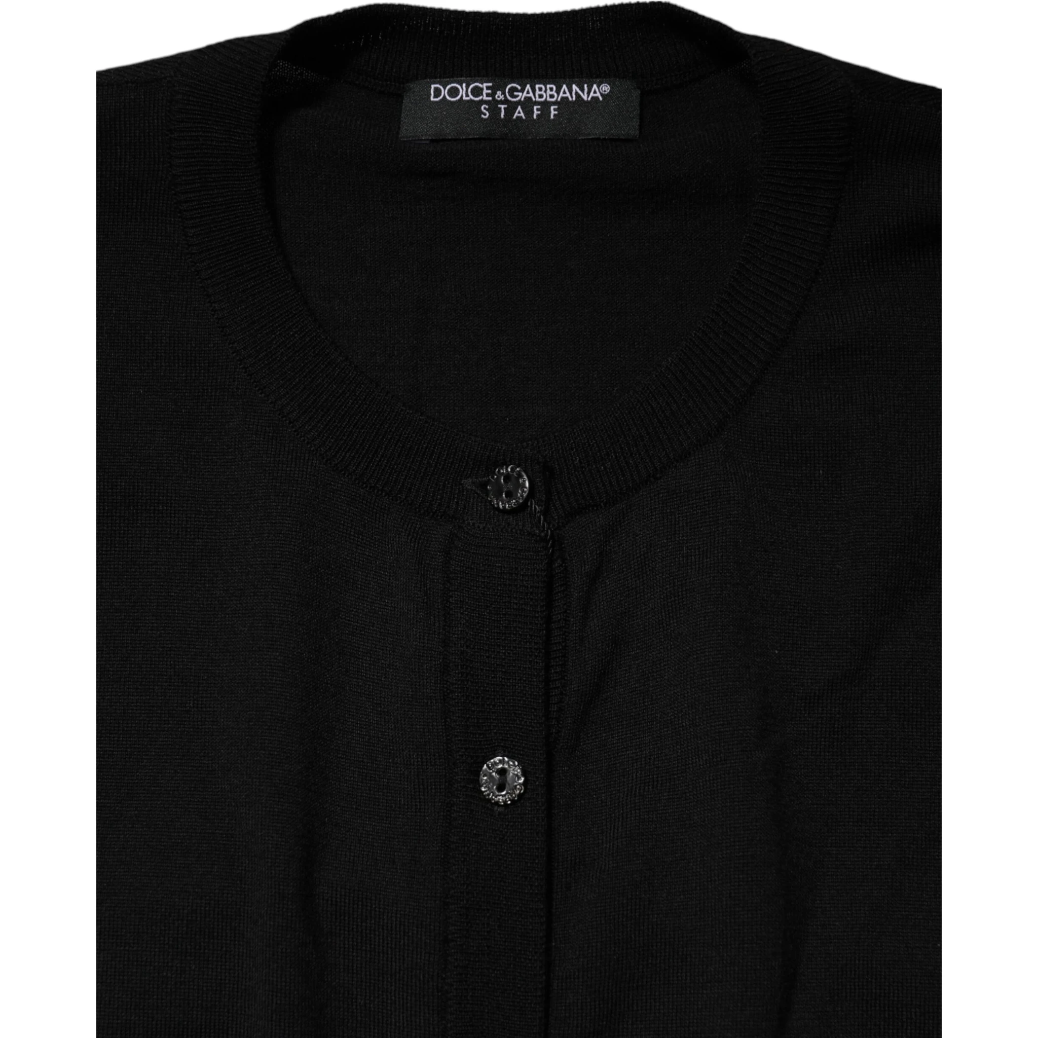 Black Wool Knit Round Neck Cardigan Sweater
