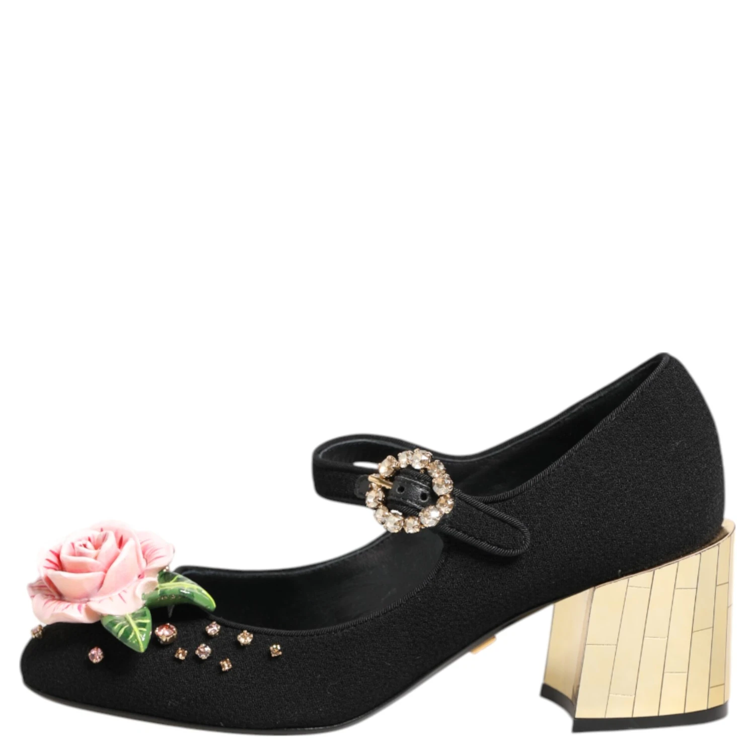 Black Flower Crystal Embellished Mary Jane Shoes