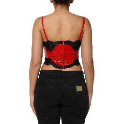 Red Black Lace Trim Polyester Sleeveless Tank Top