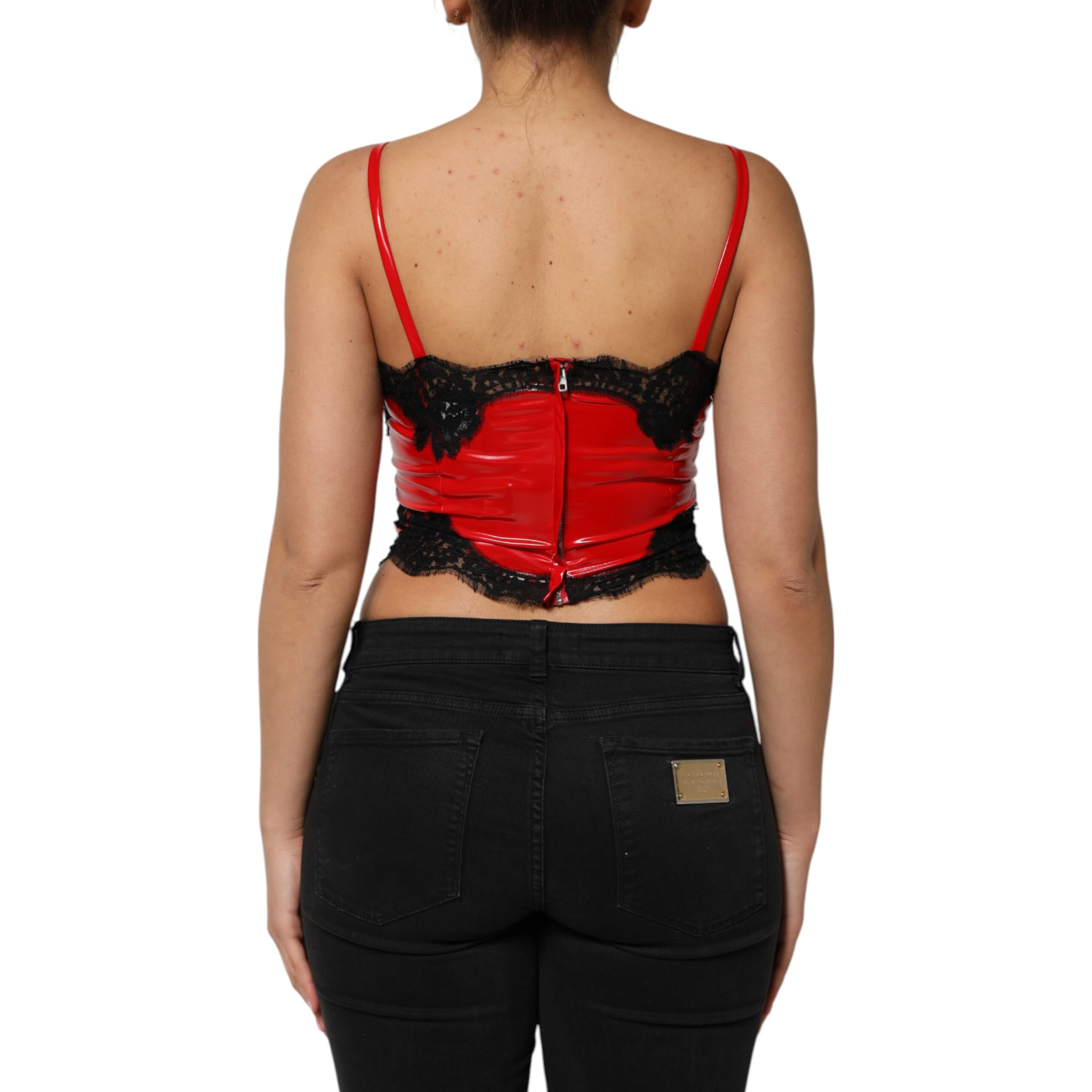 Red Black Lace Trim Polyester Sleeveless Tank Top