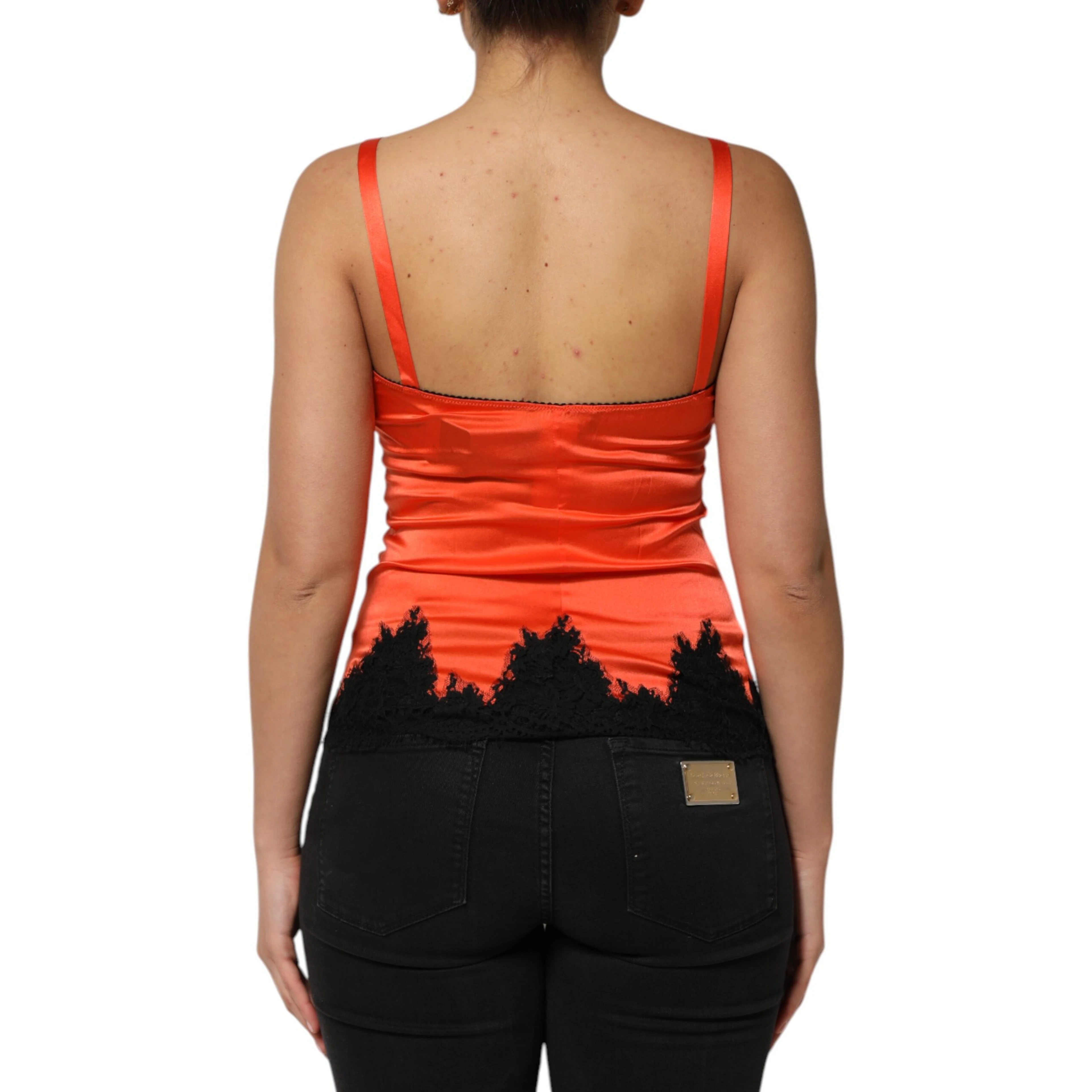Red Black Lace Trim Silk Sleeveless Tank Top