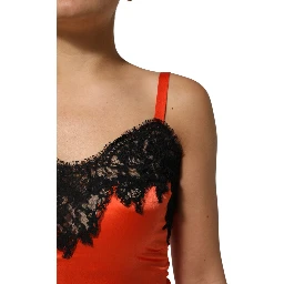 Red Black Lace Trim Silk Sleeveless Tank Top